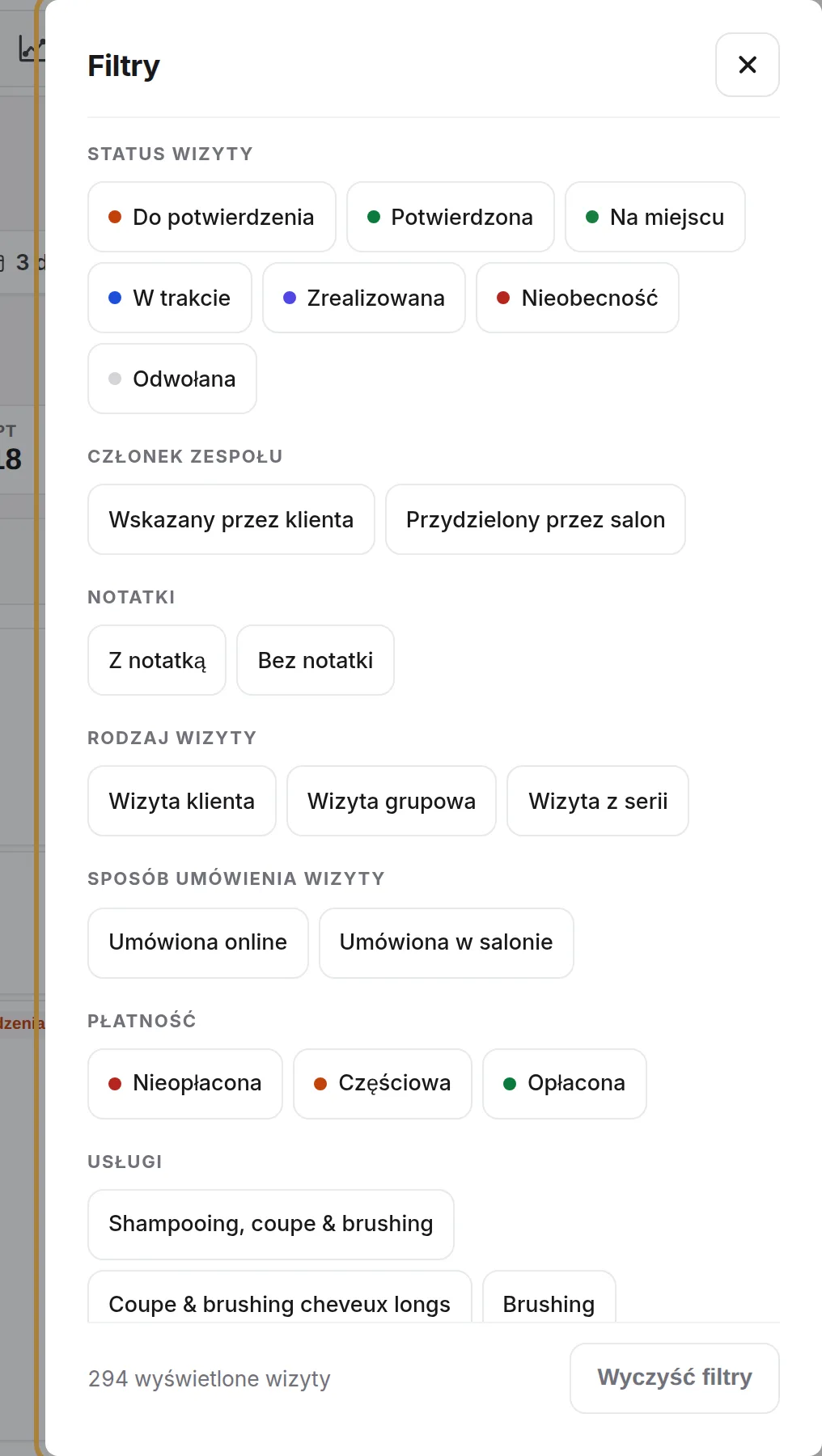 Filtry: status, płatność, rezerwacja online lub w salonie, usługi, notatki…