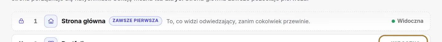 Widoczna albo ukryta: znacznik pokazuje, czy sekcja pojawia się na stronie.