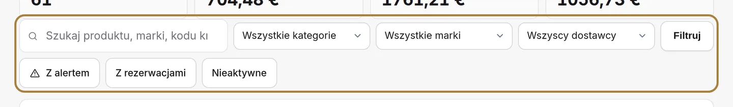 Wyszukiwanie produktu: nazwa, referencja, kategoria, marka, dostawca.