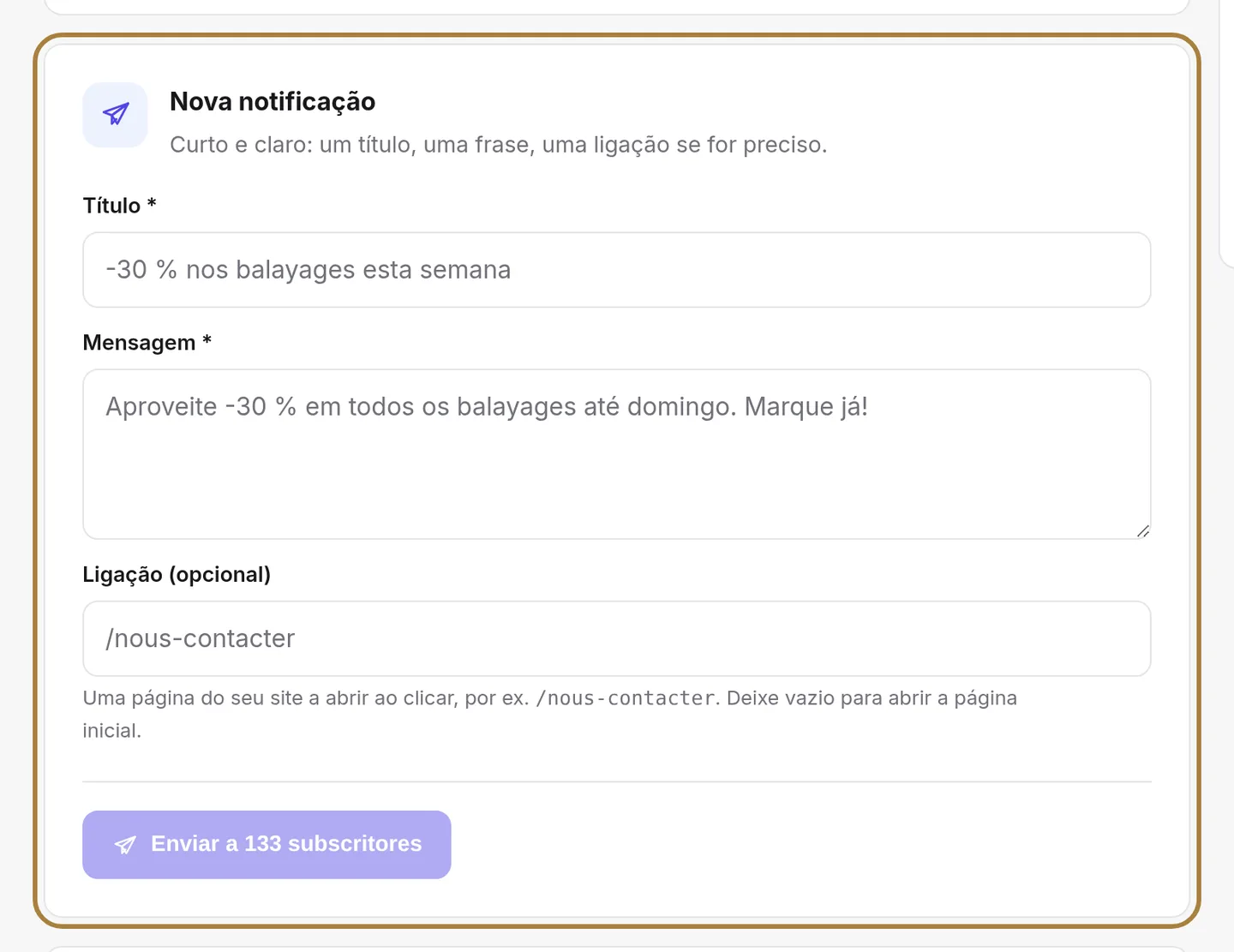 Escrever uma notificação: um título, uma frase, uma ligação.