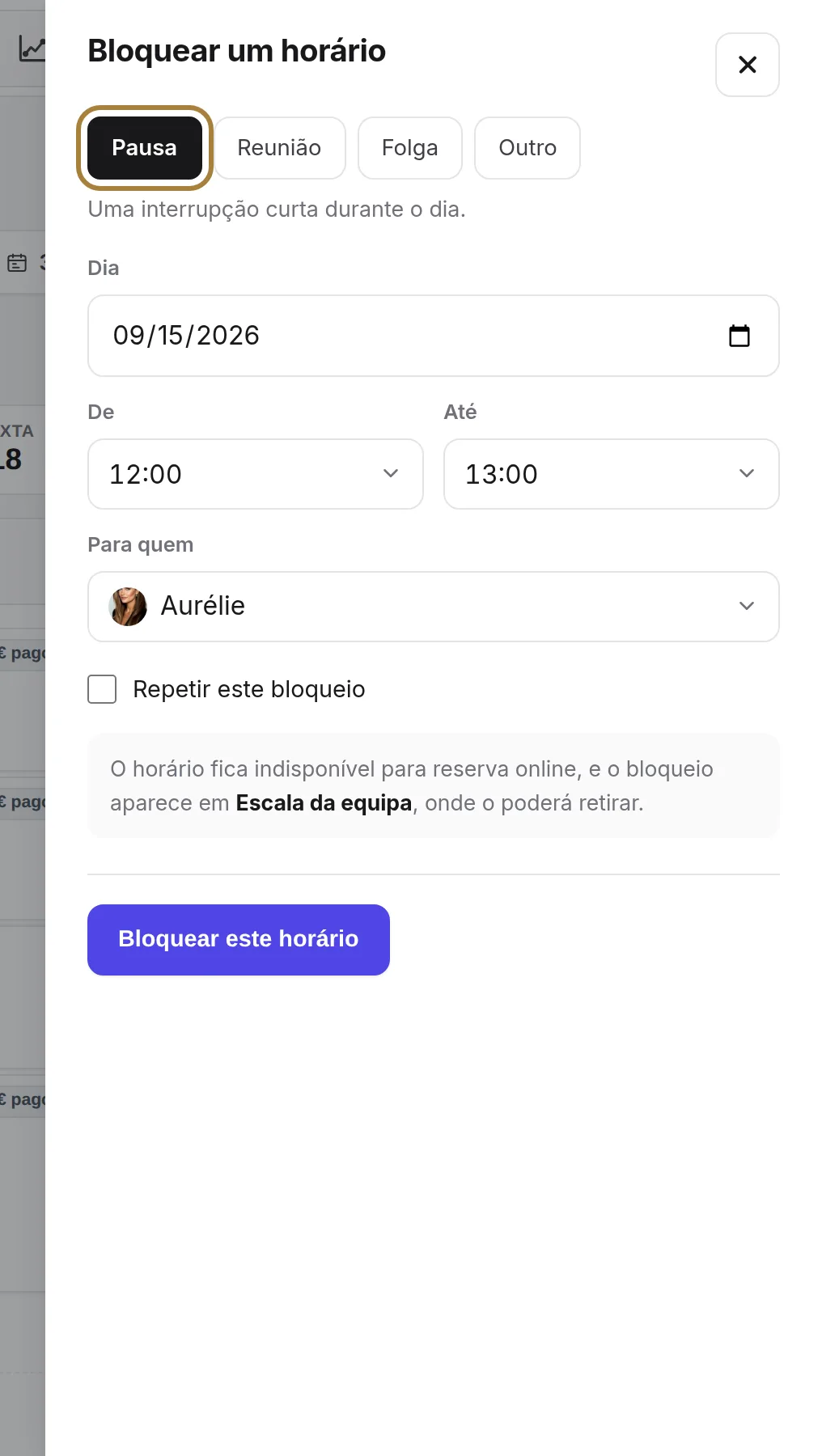 Pausa, Reunião, Férias, Outro: o motivo aparece no período.