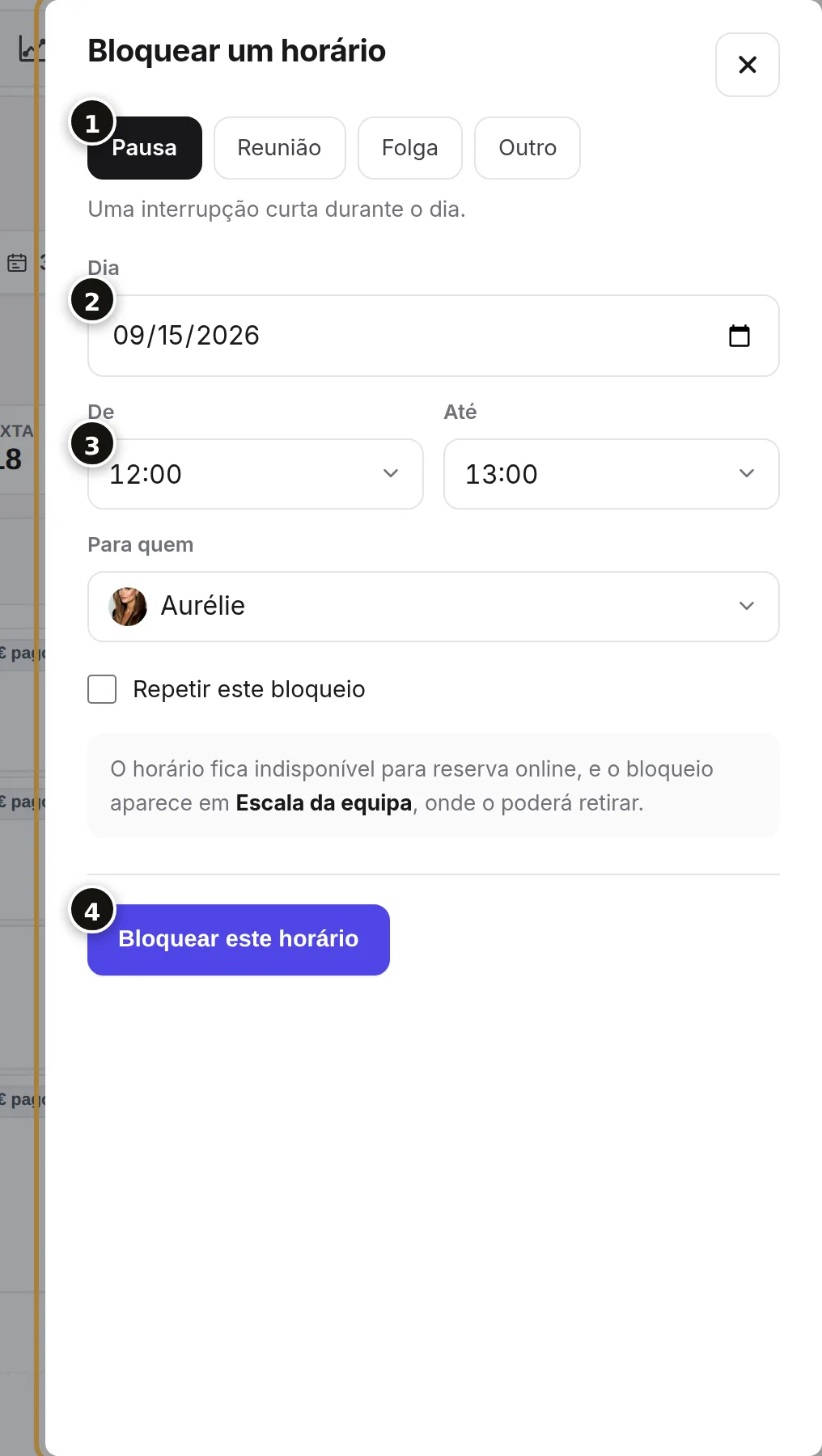 O motivo (1), o dia (2), as horas e o profissional (3), o botão (4).