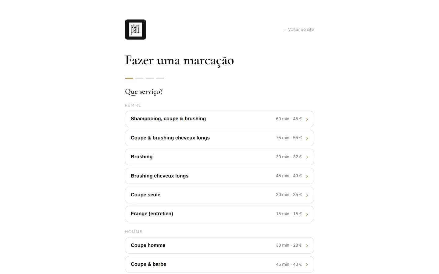 A página de reserva do seu site, tal como um cliente a vê.