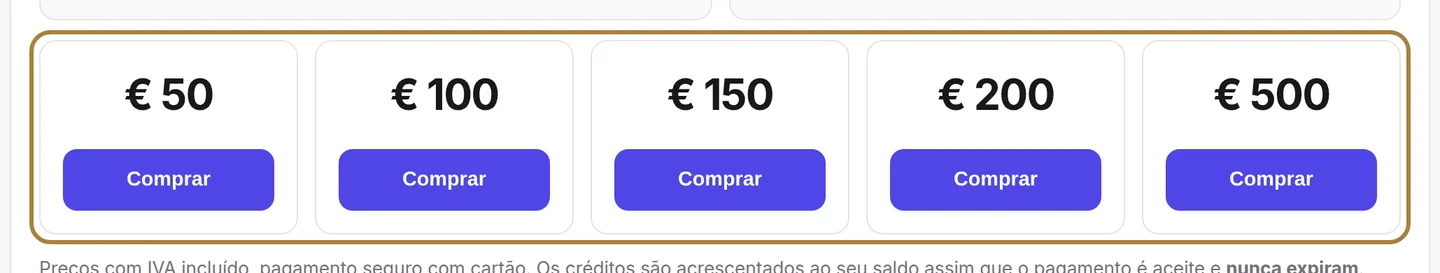 Recarregar: escolha um pacote, pague por cartão.