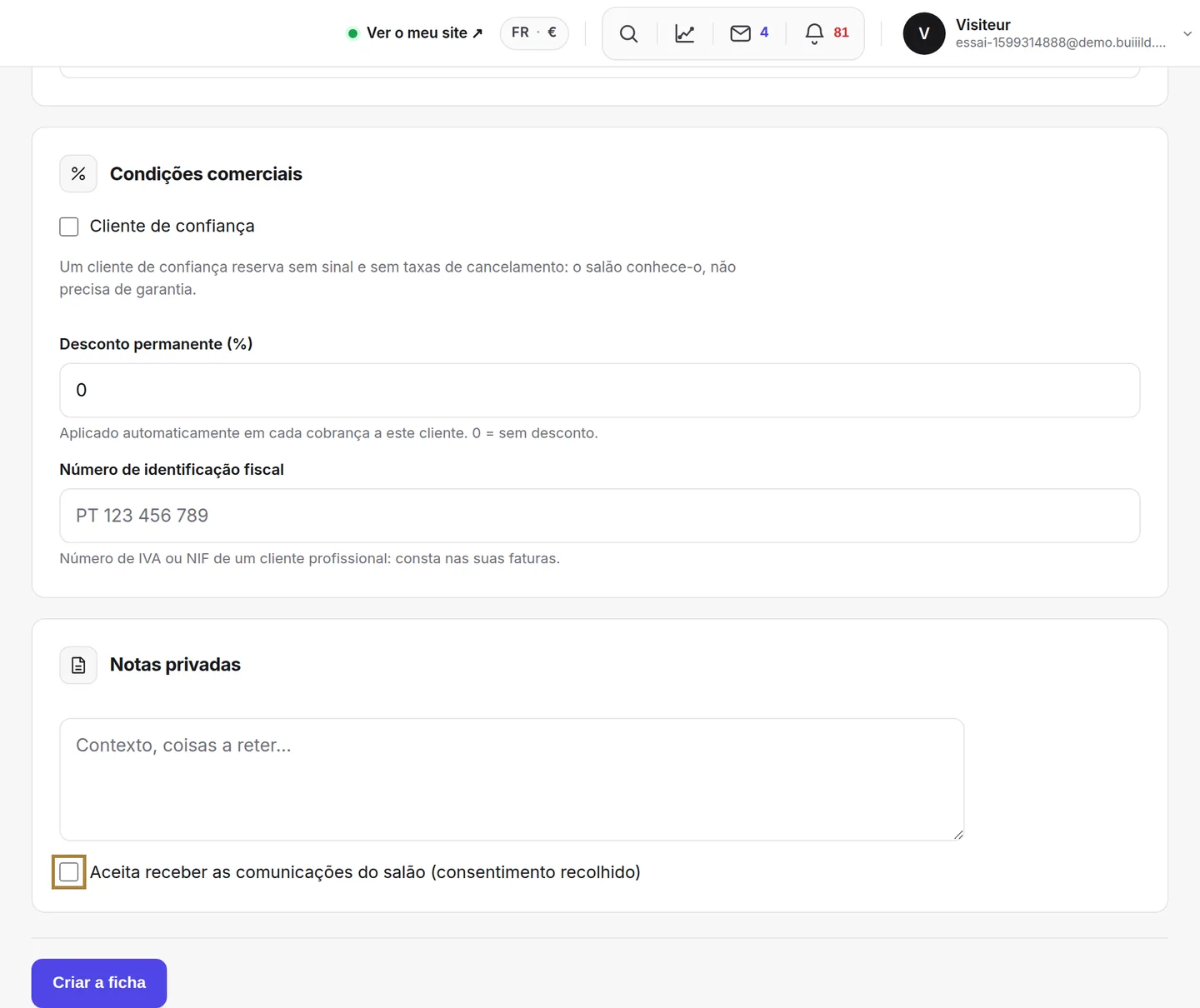 O consentimento para as promoções: assinale apenas se o cliente disse que sim.