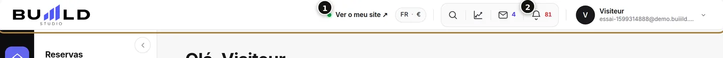 A barra superior: «Ver o meu site» (1) e o sino (2).