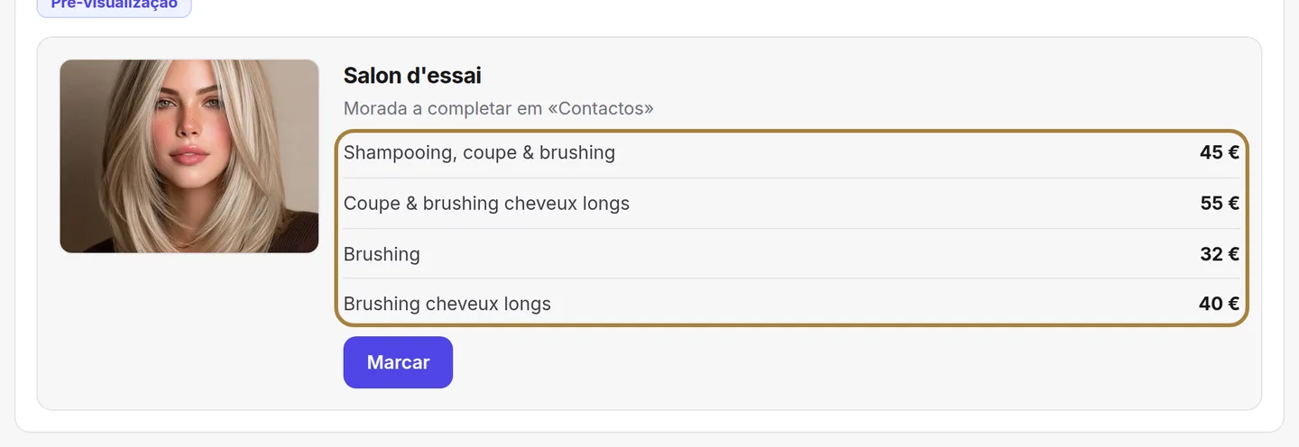 Os seus serviços e os seus preços: só aparecem os serviços ativos.