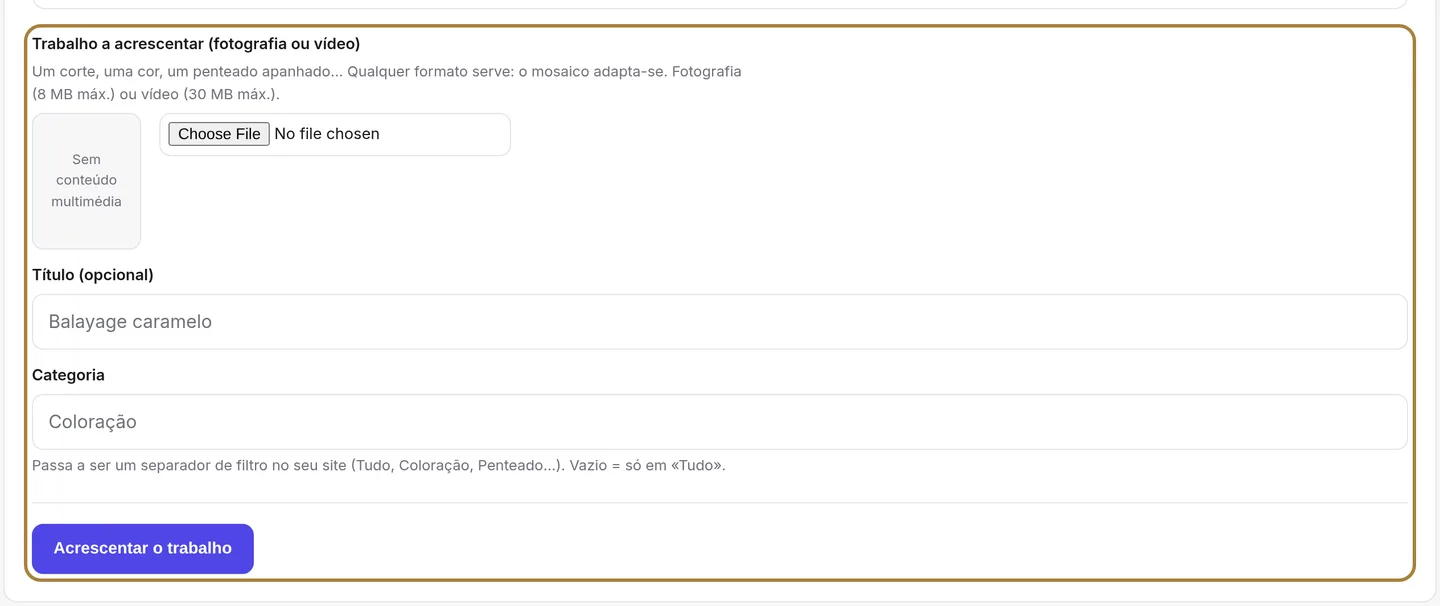 O portefólio: um trabalho, um título, uma categoria.
