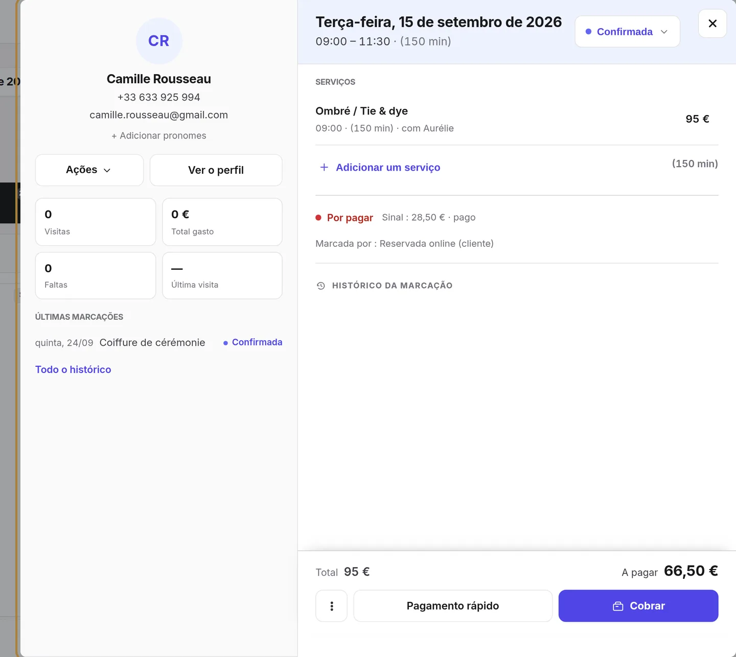 A ficha da marcação: estado, serviços, cliente, pagamento, histórico.