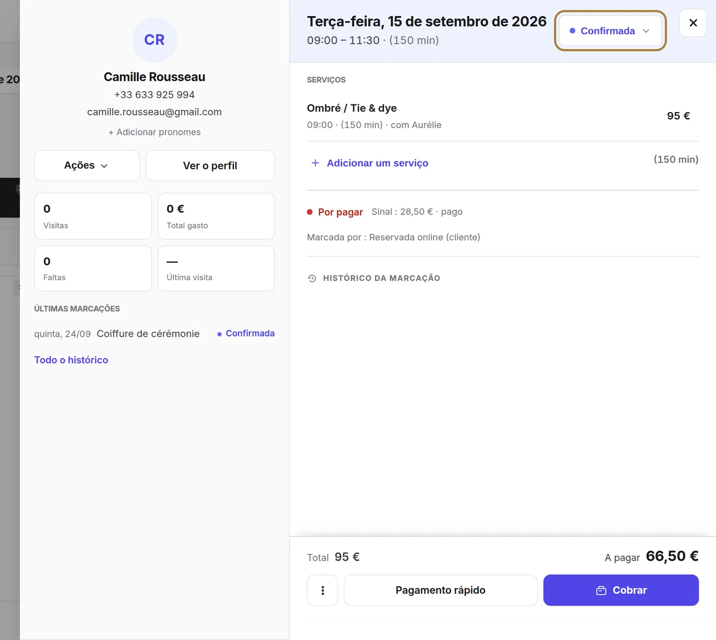 O botão de estado da ficha: chegado, iniciado, realizada, atraso, faltou.