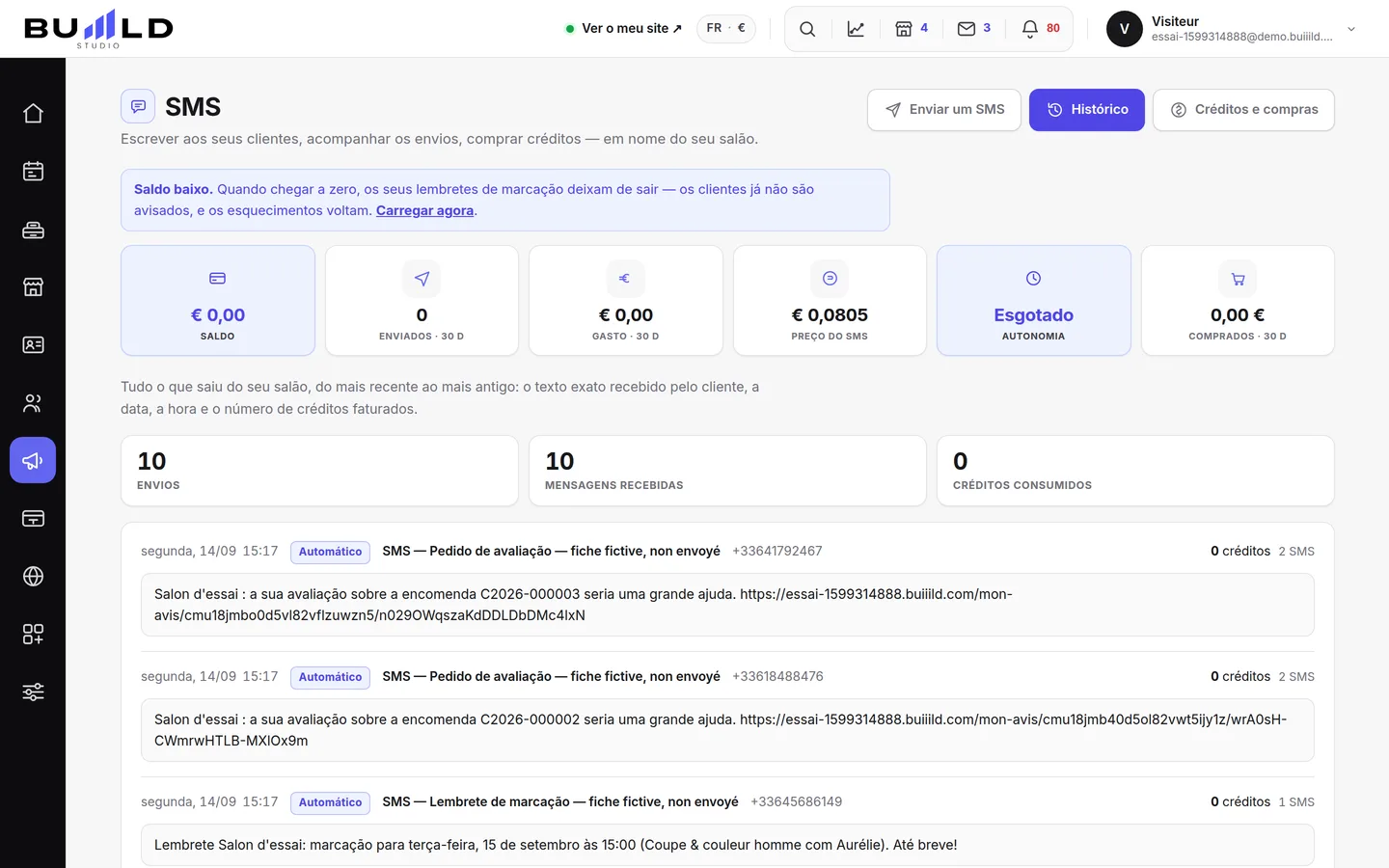 O histórico dos seus envios.