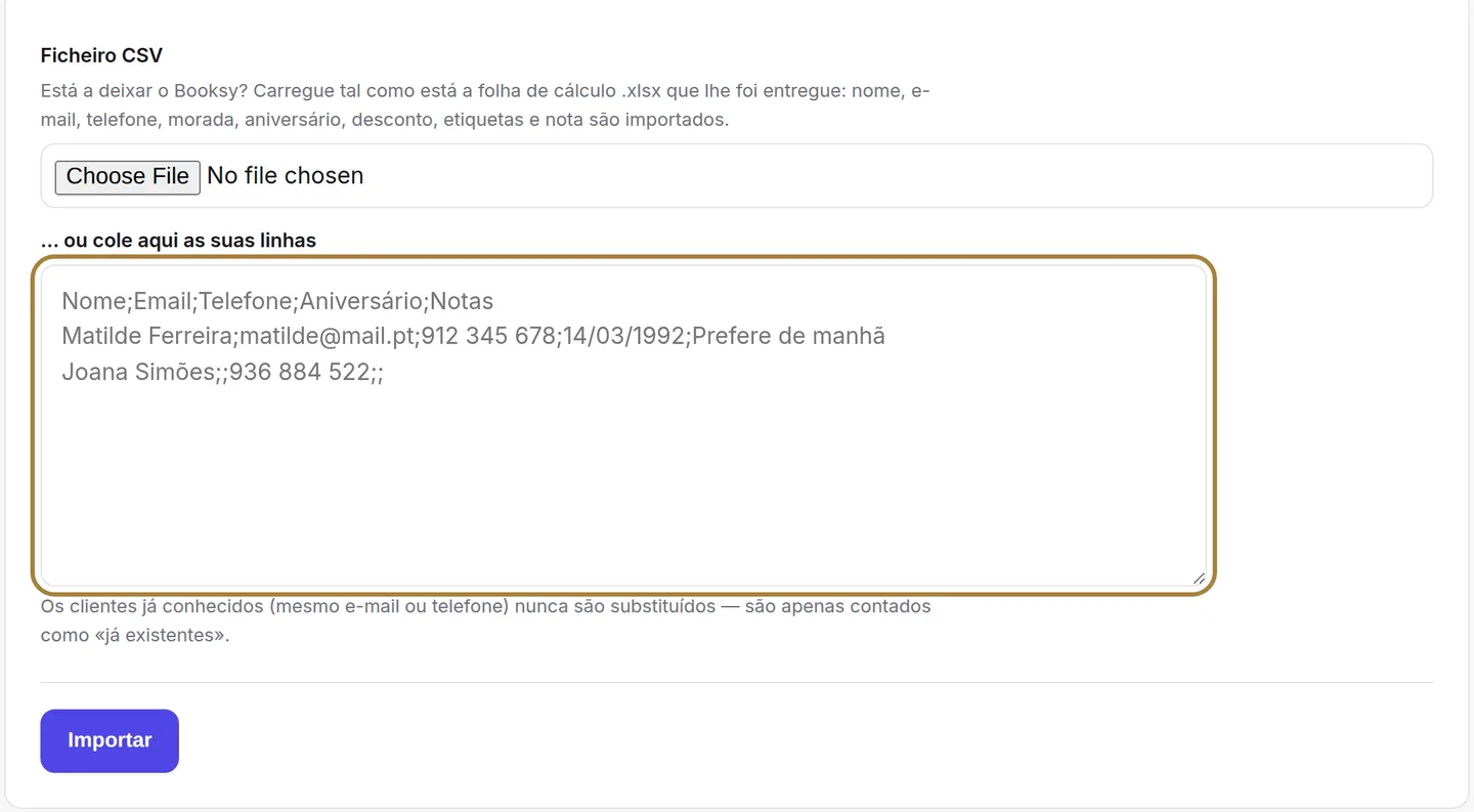 Ou colar uma lista à mão, uma pessoa por linha.