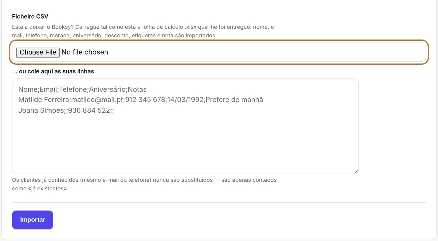 O ficheiro exportado do seu antigo software.