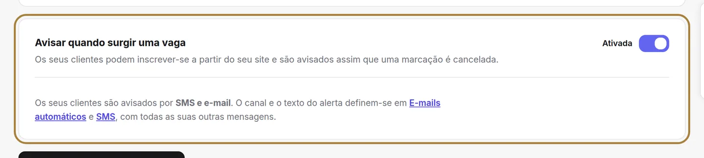 Ativar, desativar, e escolher o canal dos alertas.
