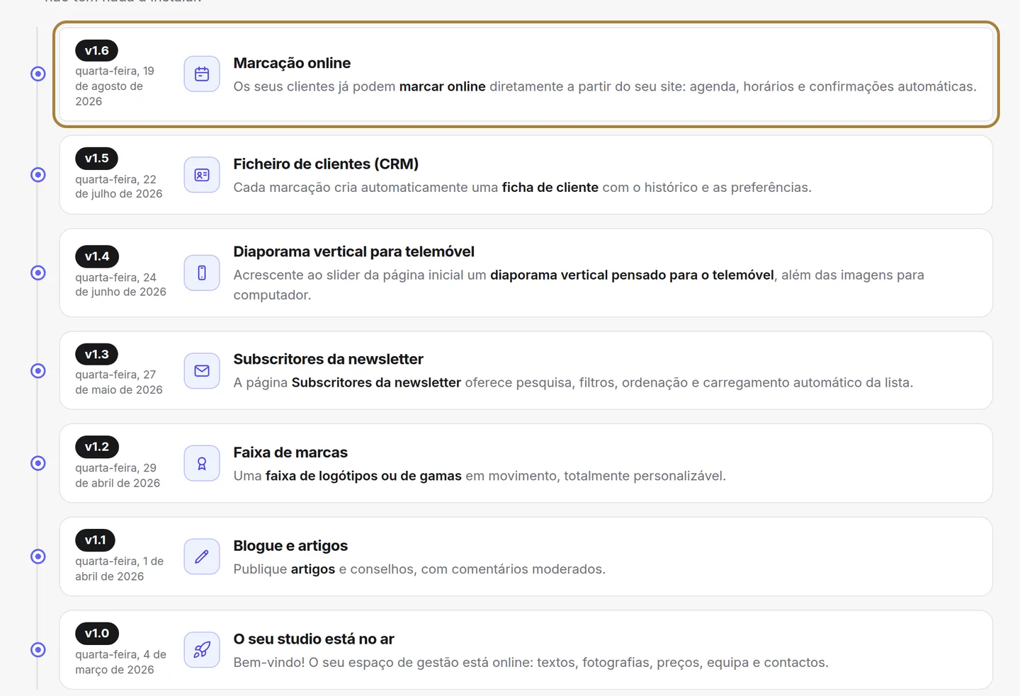 Um cartão por melhoria: versão, data, área, explicação.