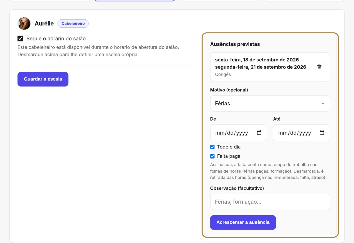 As ausências futuras, e o formulário para marcar uma.