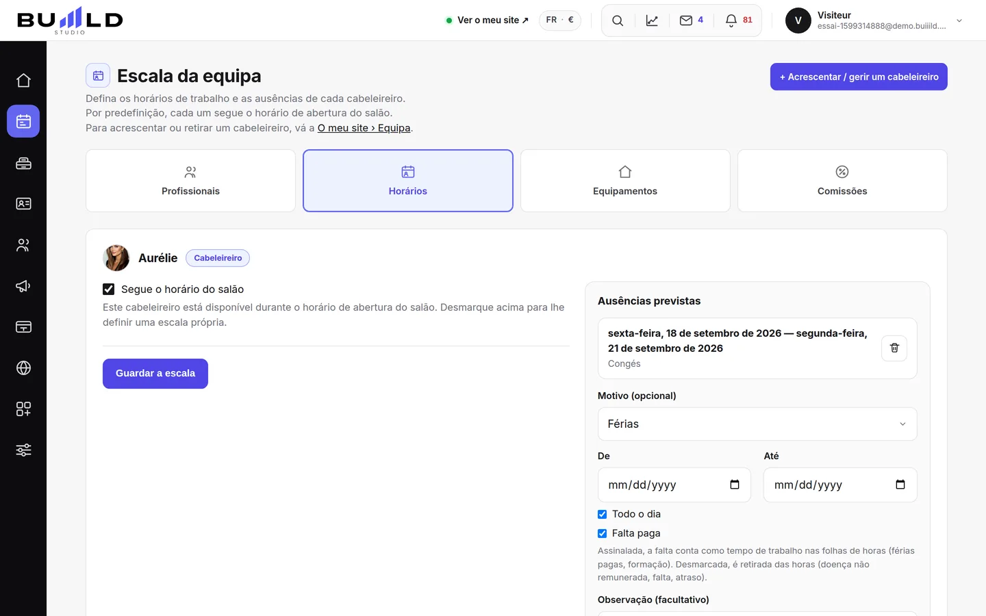 O horário: um cartão por profissional.
