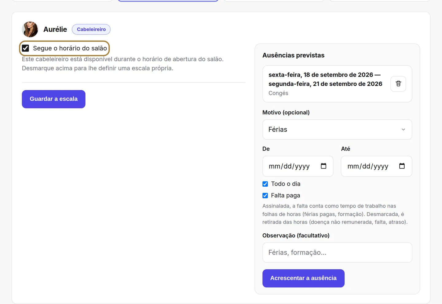 «Segue os horários do salão»: assinalado, nada mais a configurar.