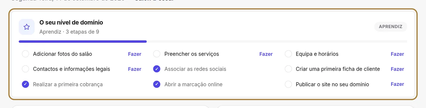O bloco «O seu nível de domínio» acompanha estas mesmas etapas, no seu painel principal.