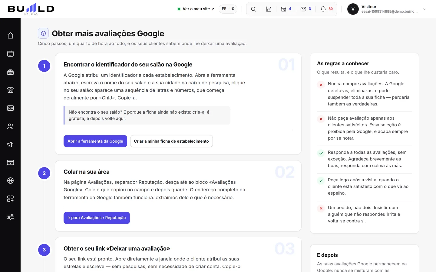 O guia «Recolher avaliações Google» do studio.