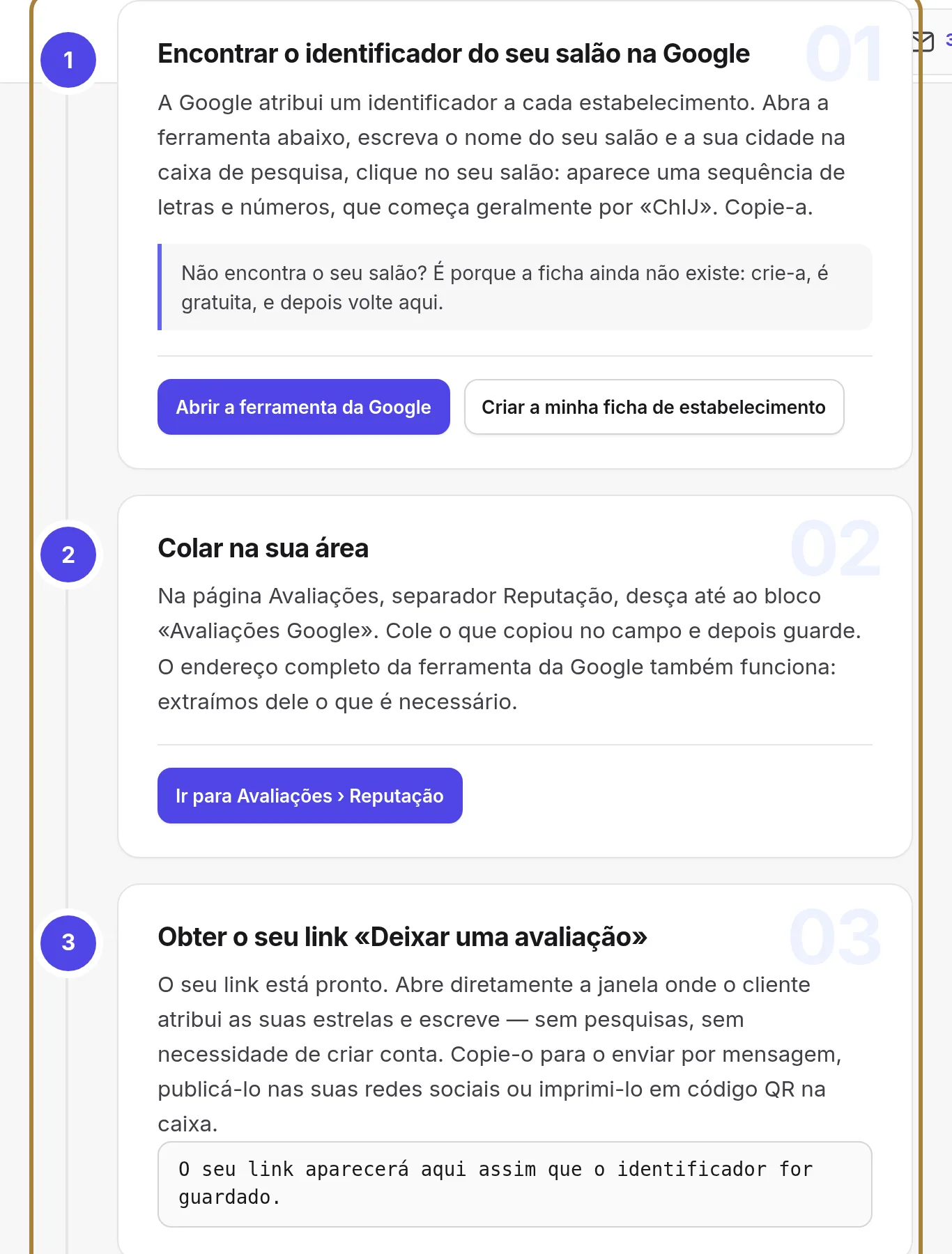 As cinco etapas, por ordem.