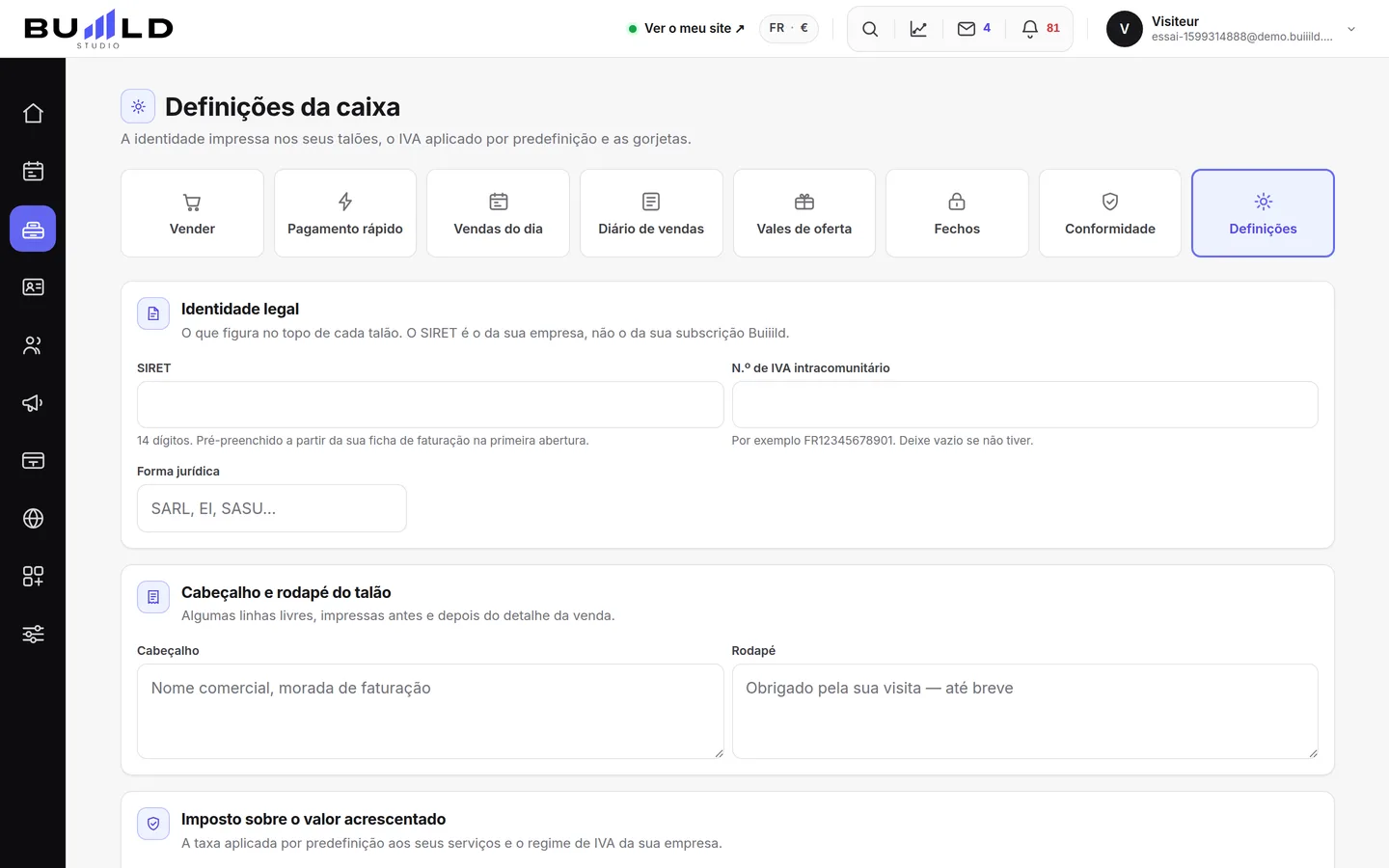 As definições da caixa.