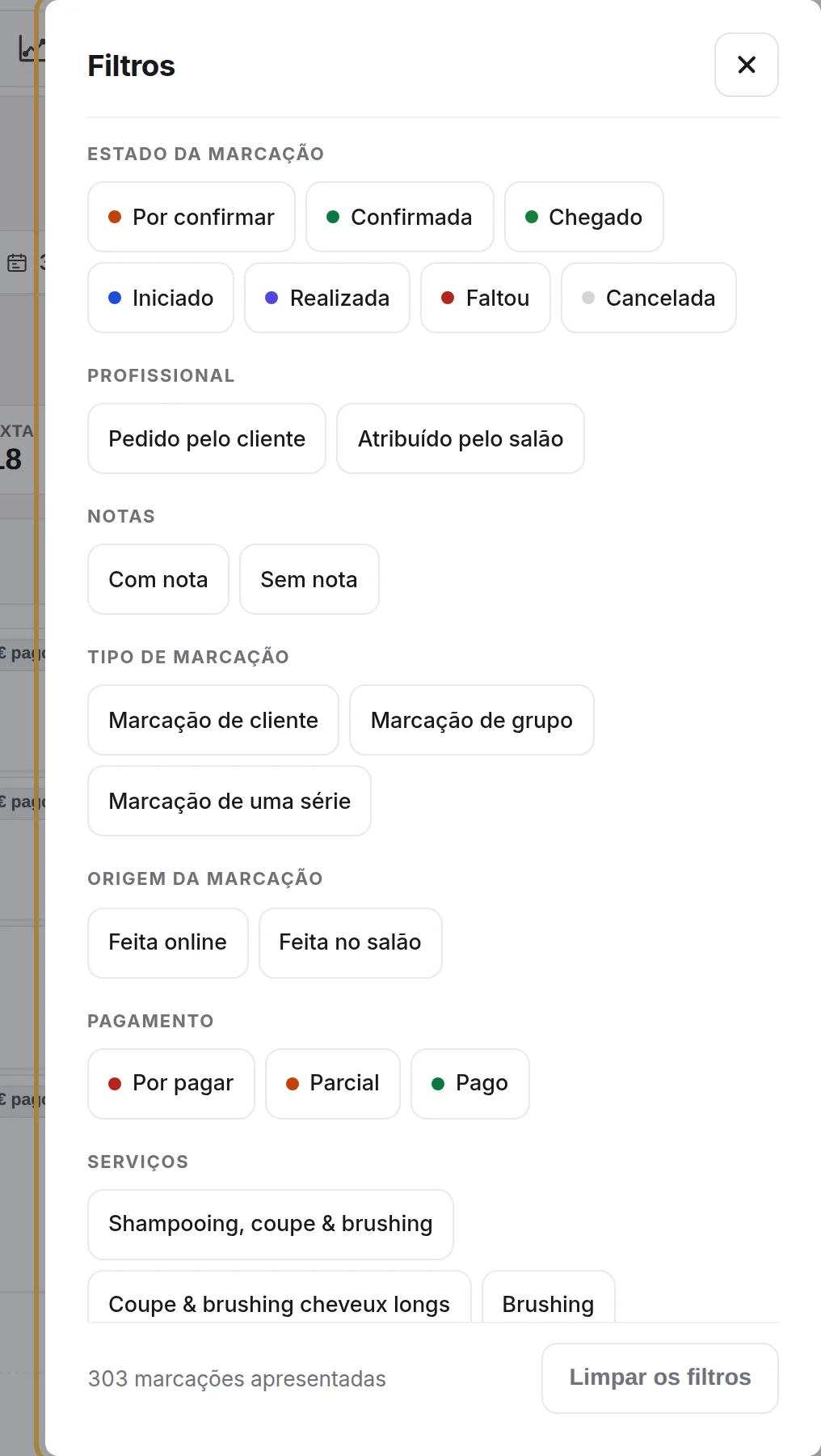 Os filtros: estado, pagamento, marcação online ou no salão, serviços, notas…