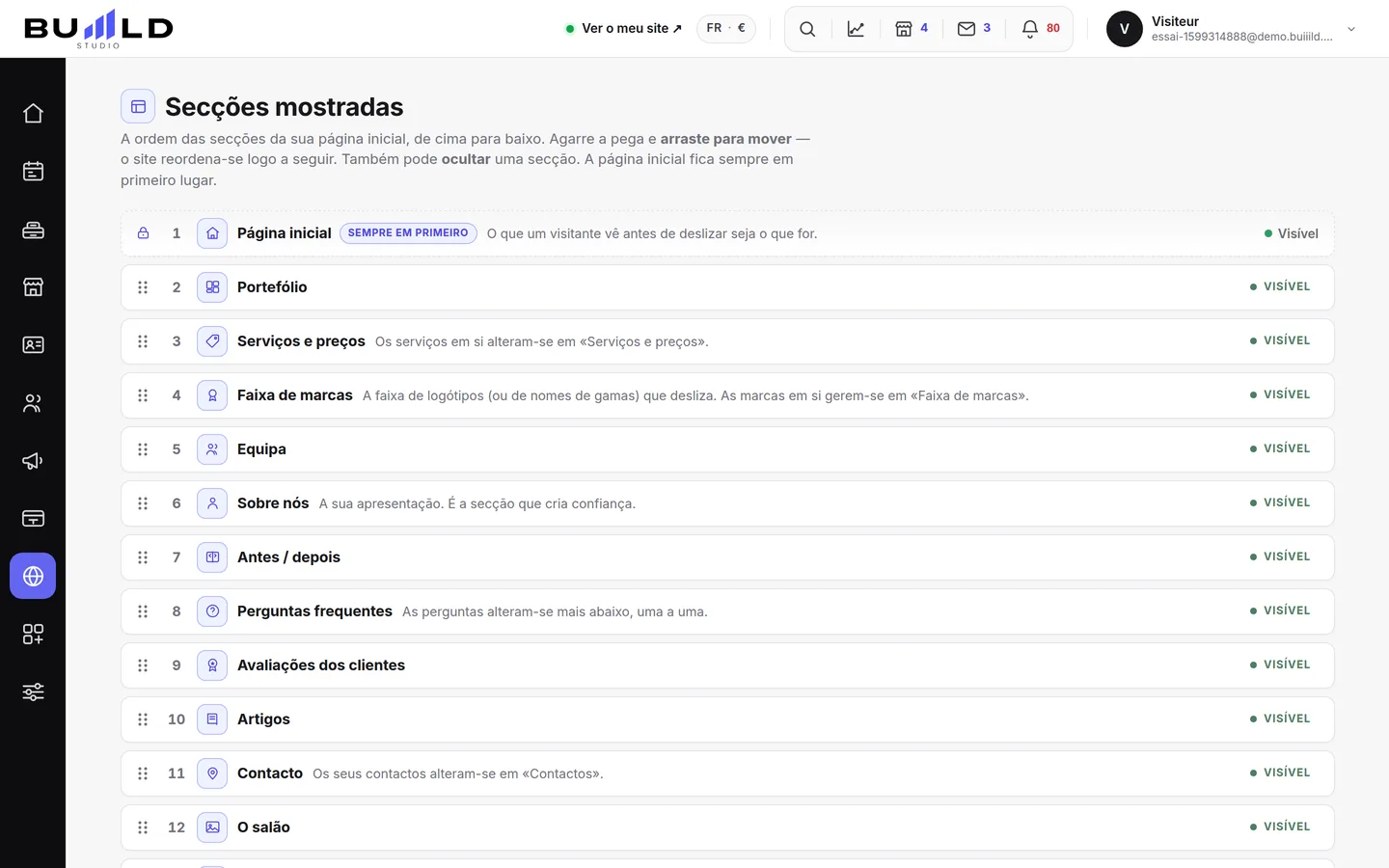 As secções do seu site, pela ordem real da página inicial.