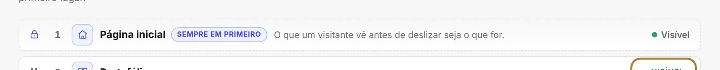 Visível ou oculta: a pastilha diz se a secção aparece no site.