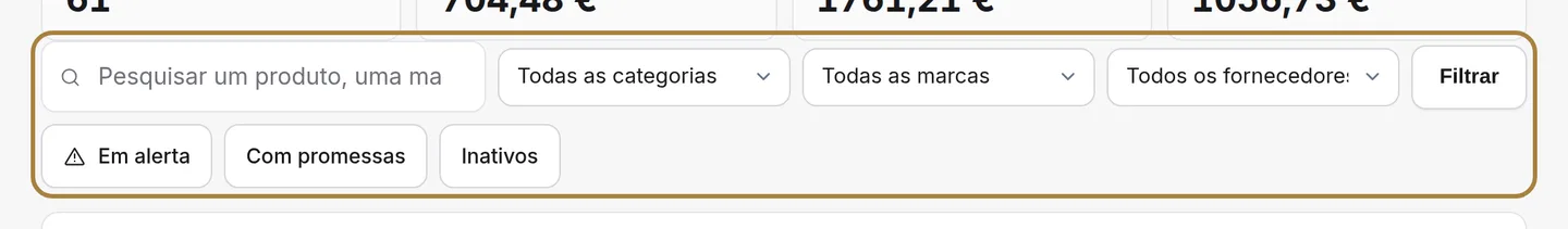 Encontrar um produto: nome, referência, categoria, marca, fornecedor.
