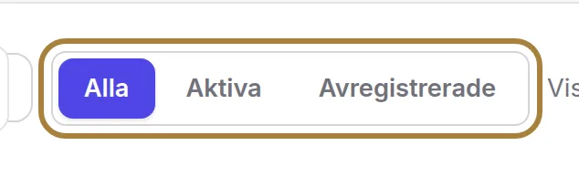 Alla, aktiva, avregistrerade.