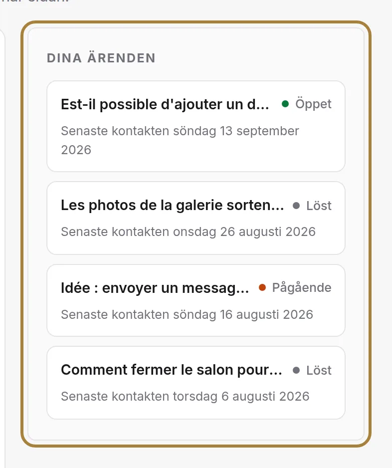 Dina konversationer, med sin status.