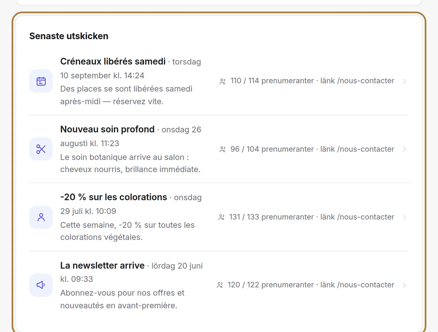 De senaste utskicken.