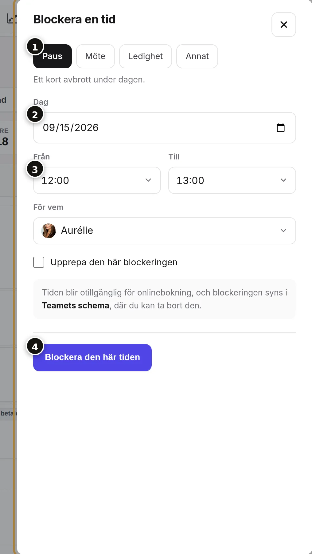 Anledningen (1), dagen (2), tiderna och frisören (3), knappen (4).
