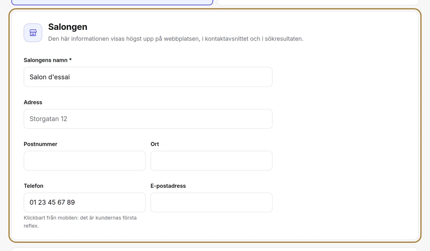 Formuläret: adress, telefon, e-post, sociala medier.