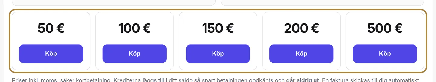 Fylla på: välj ett paket, betala med kort.