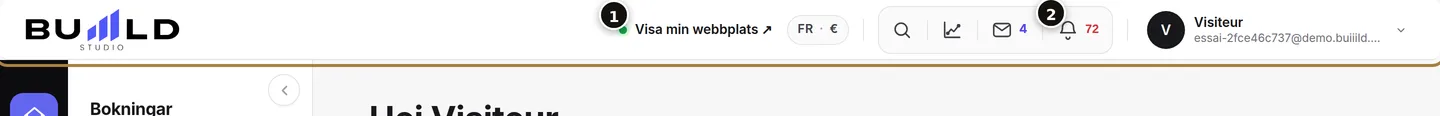 Det övre fältet: ”Visa min webbplats” (1) och klockan (2).