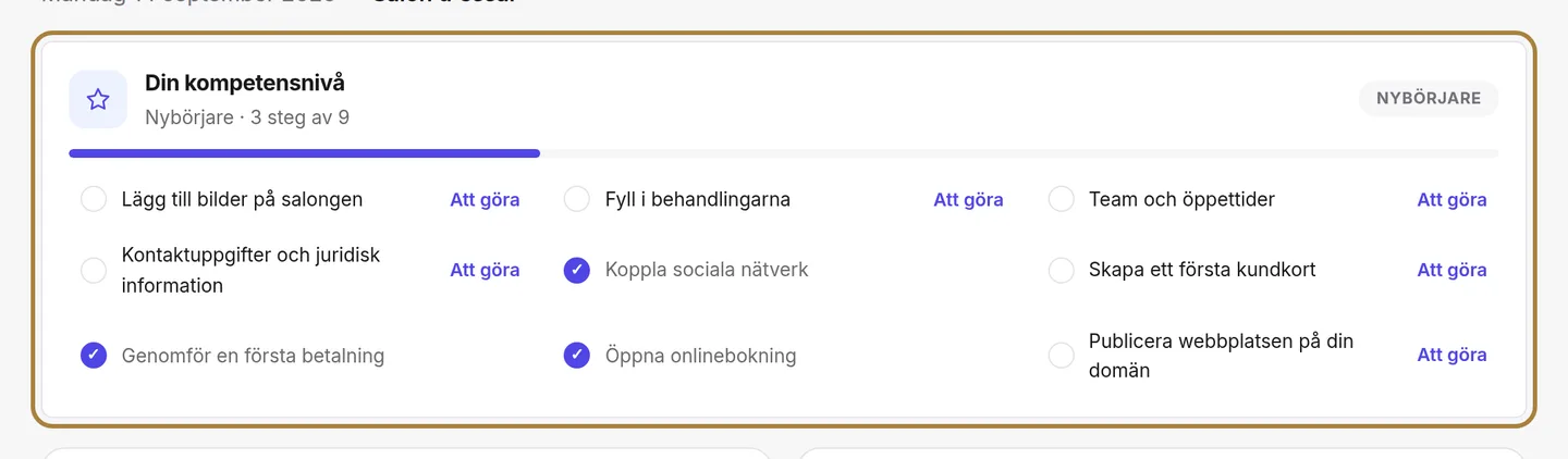 Din kompetensnivå: varje rad leder till rätt skärm.