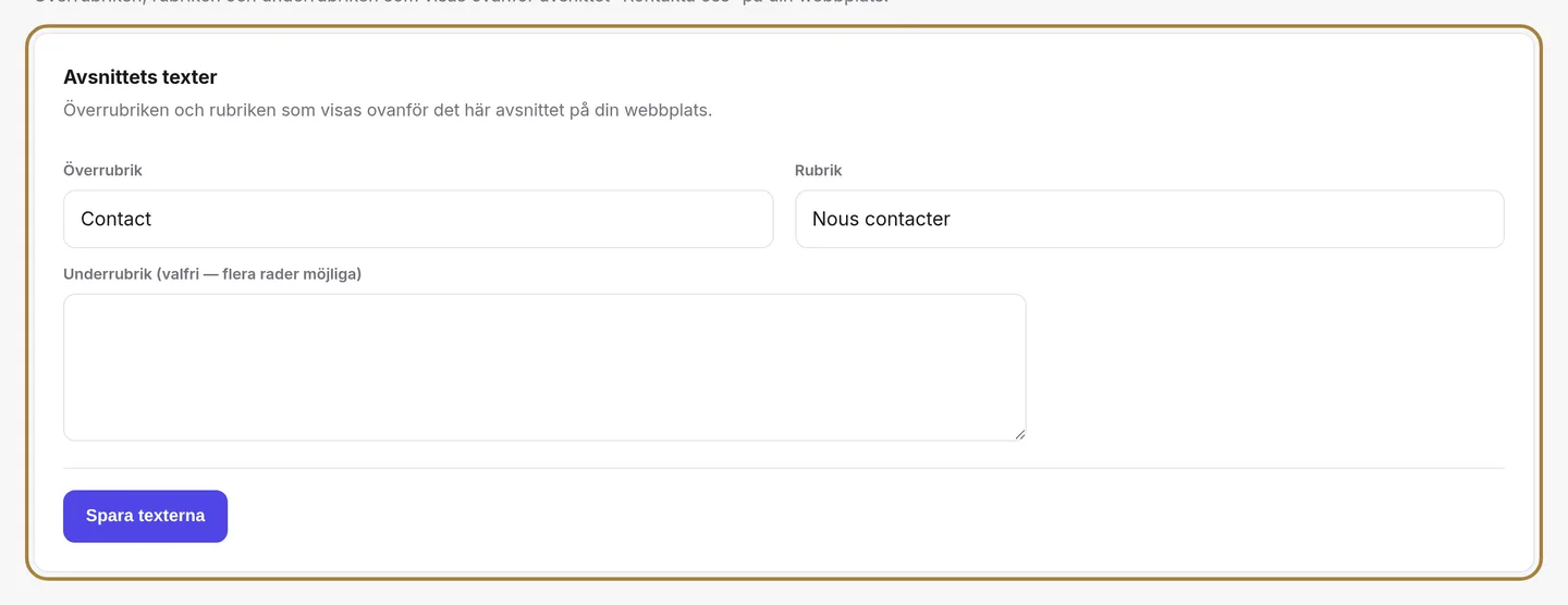 Texterna i avsnittet Kontakt.