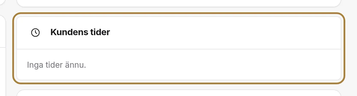 Kundens bokningar, kommande som tidigare, med status och pris.