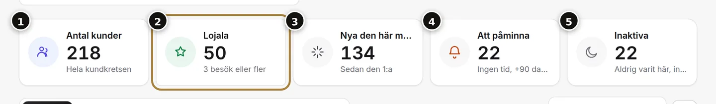 Totalt (1), stamkunder (2), nya denna månad (3), att kontakta igen (4), inaktiva (5).