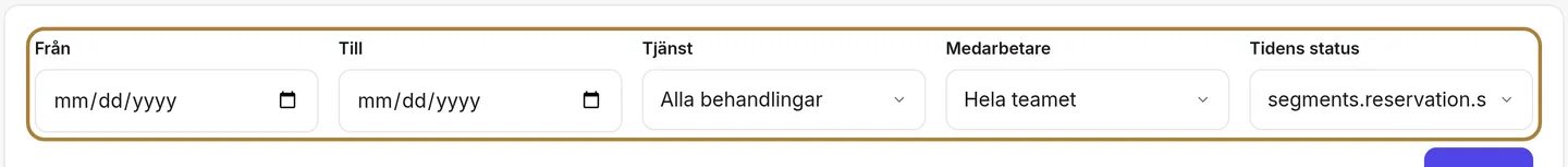 Sökningen via bokning: period, tjänst, medarbetare, status.