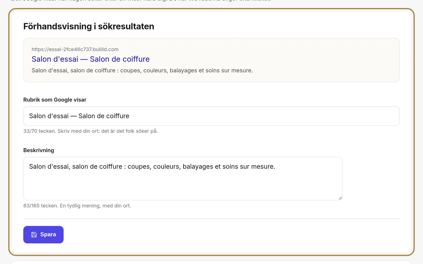 Titel och beskrivning: ditt skyltfönster på Google.