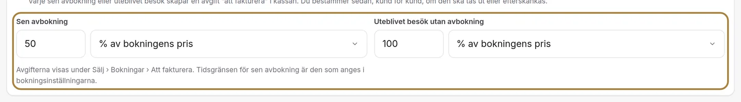 Avgifterna för avbokning och uteblivande.