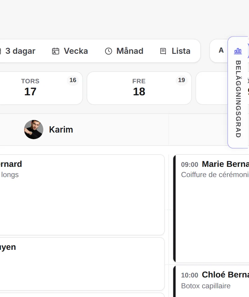 Beläggningsfliken: arbetstiden som redan är bokad, idag och under veckan.