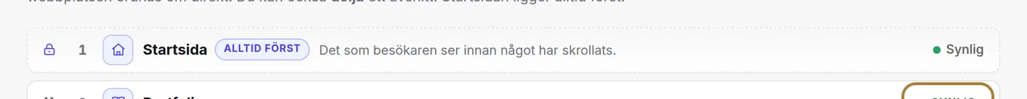 Synlig eller dold: markören visar om avsnittet syns på webbplatsen.