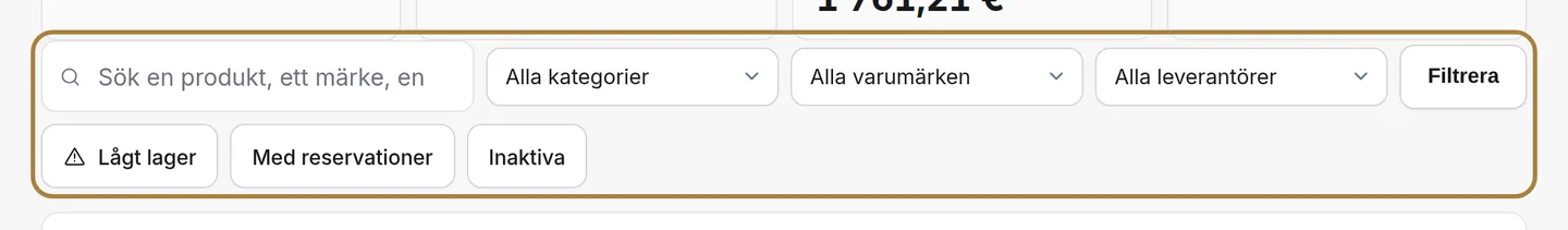 Hitta en produkt: namn, referens, kategori, märke, leverantör.